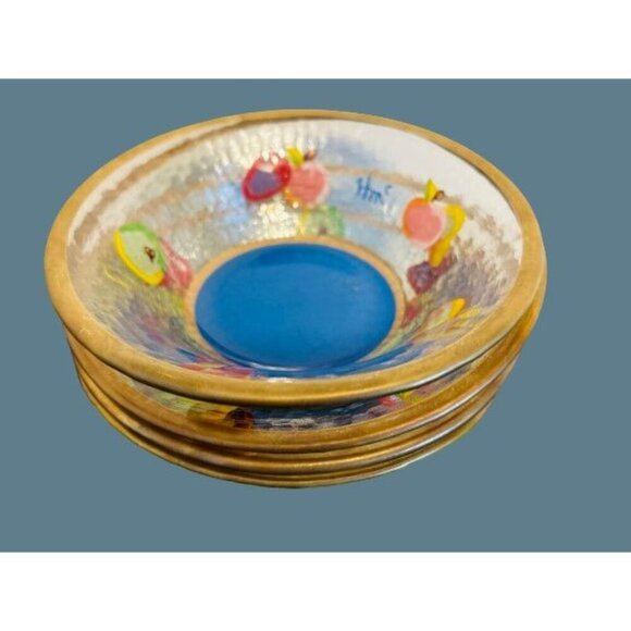 Set of 4 Vintage Fused Glass Bowl Reverse-painted with Fruits Signed 6.5" - Picture 2 of 10